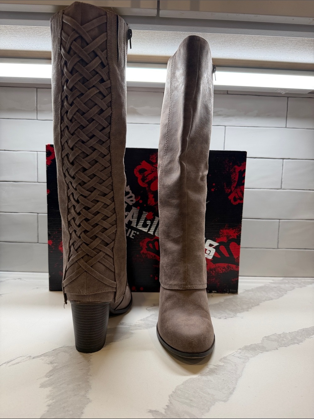 Fergalicious Tootsie Doe Taupe Over-the-Knee Braided Suede Boots